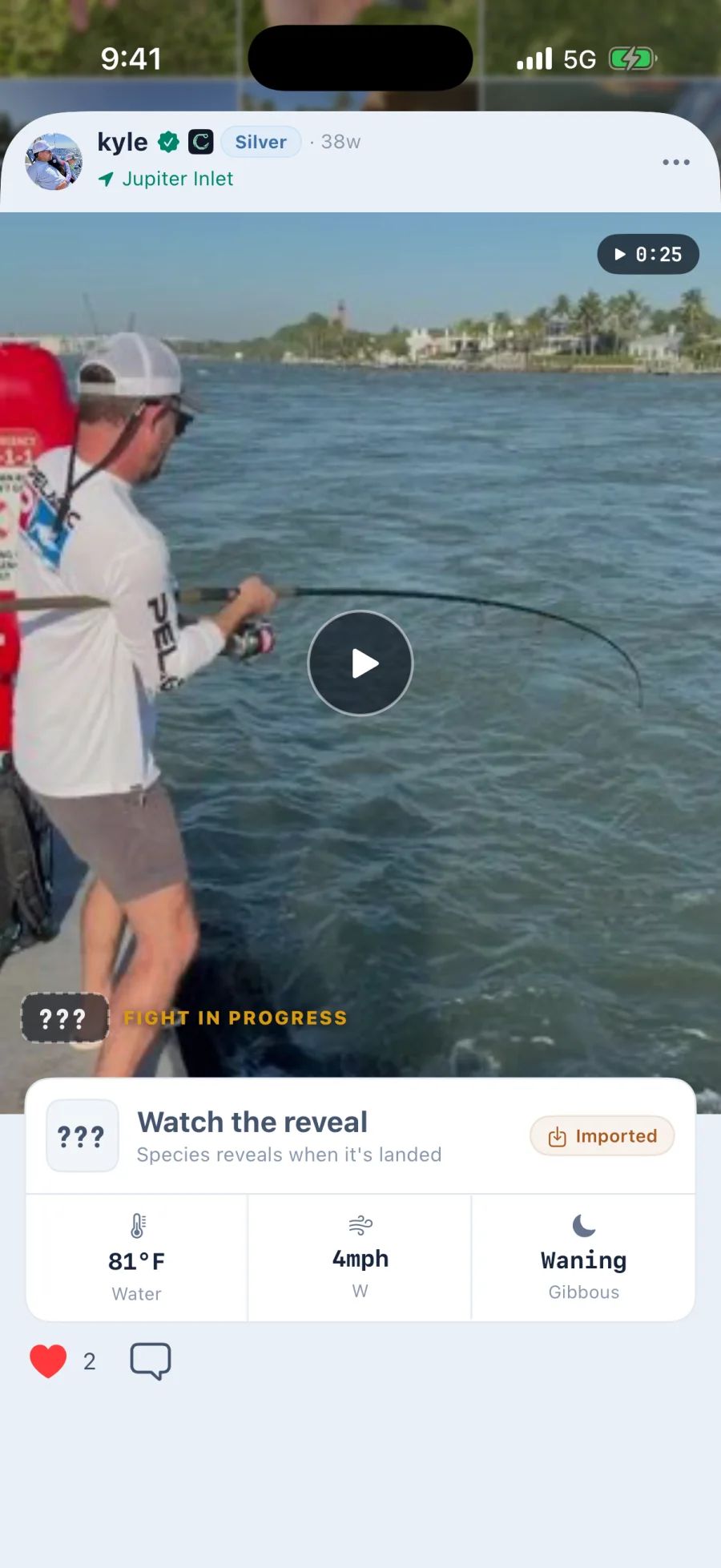 A Bite in the Cobia feed with a bent rod, a card reading Watch the reveal and species reveals when it is landed, and the water temperature, wind and moon phase attached to the catch