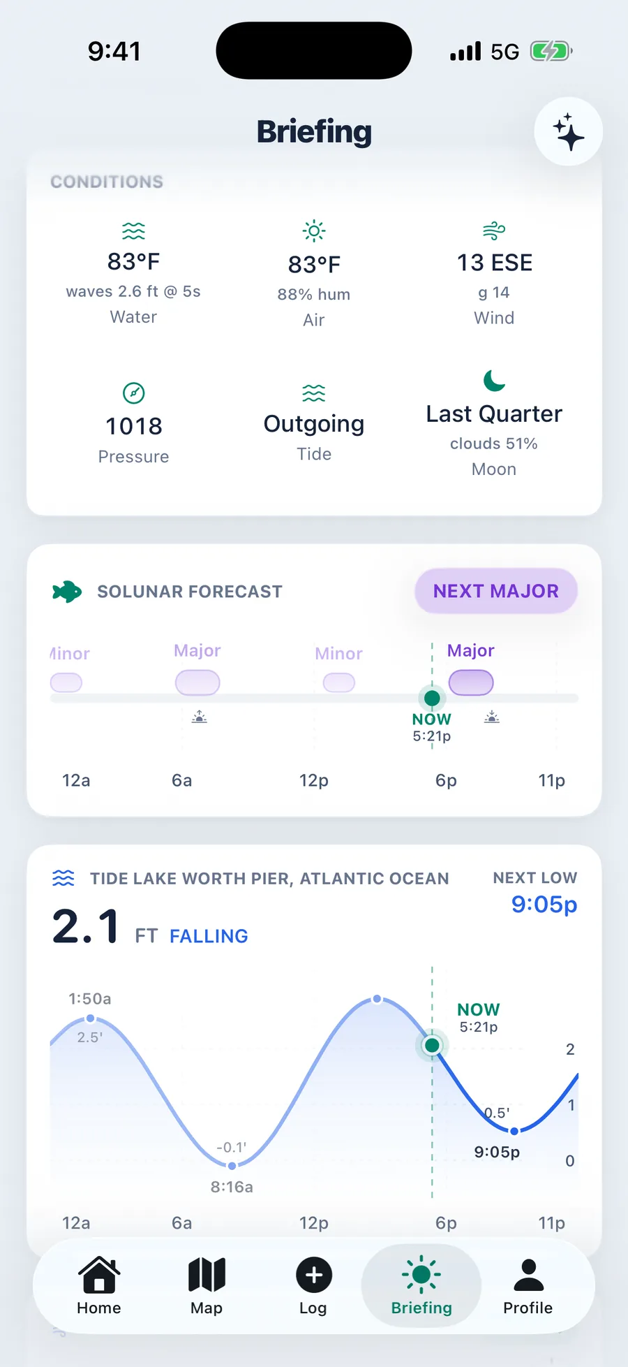 Conditions grid showing water at 87 degrees with wave height and period, air, wind, pressure, tide, and moon