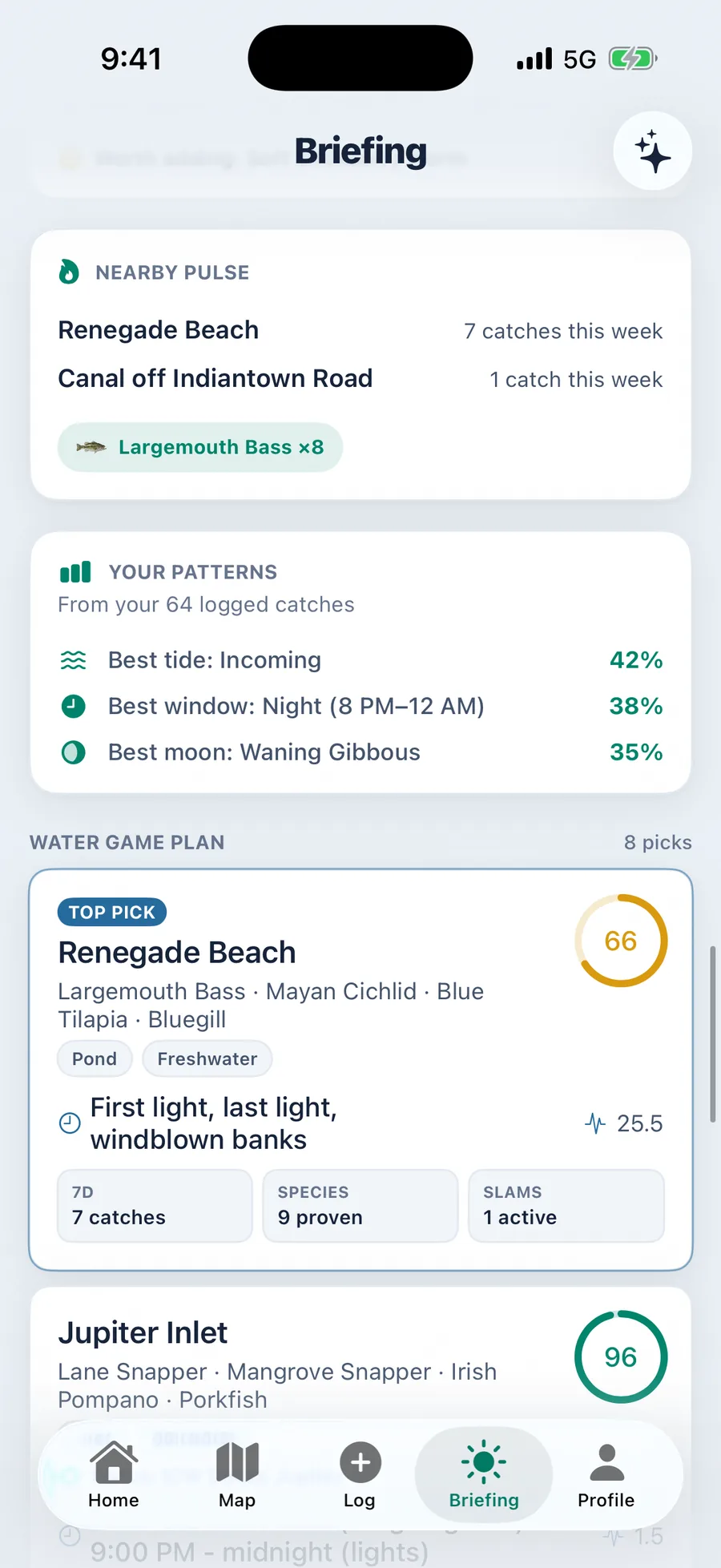 The water game plan ranking Renegade Beach and Jupiter Inlet by score, above nearby catch activity and the angler personal patterns for tide, window and moon