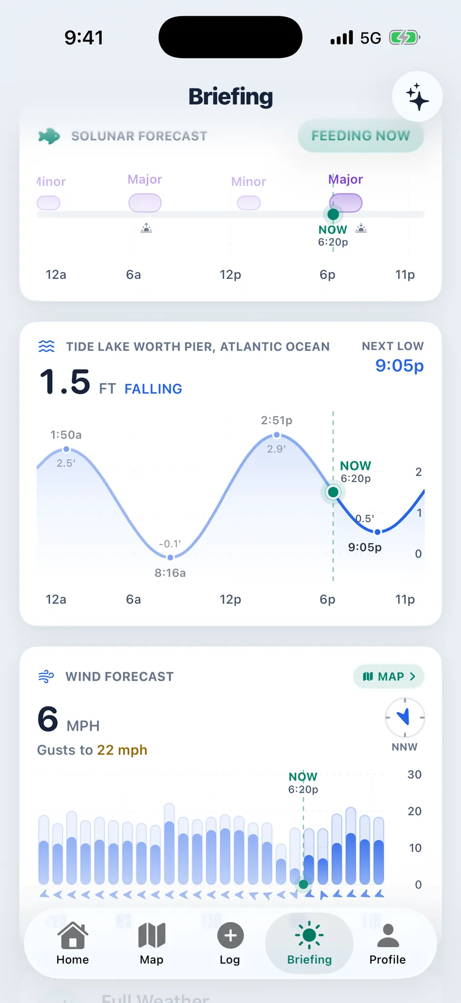 Solunar majors and minors marked feeding now, the Lake Worth Pier tide curve falling through 1.5 feet with all four turns timed, and the hour by hour wind forecast below it