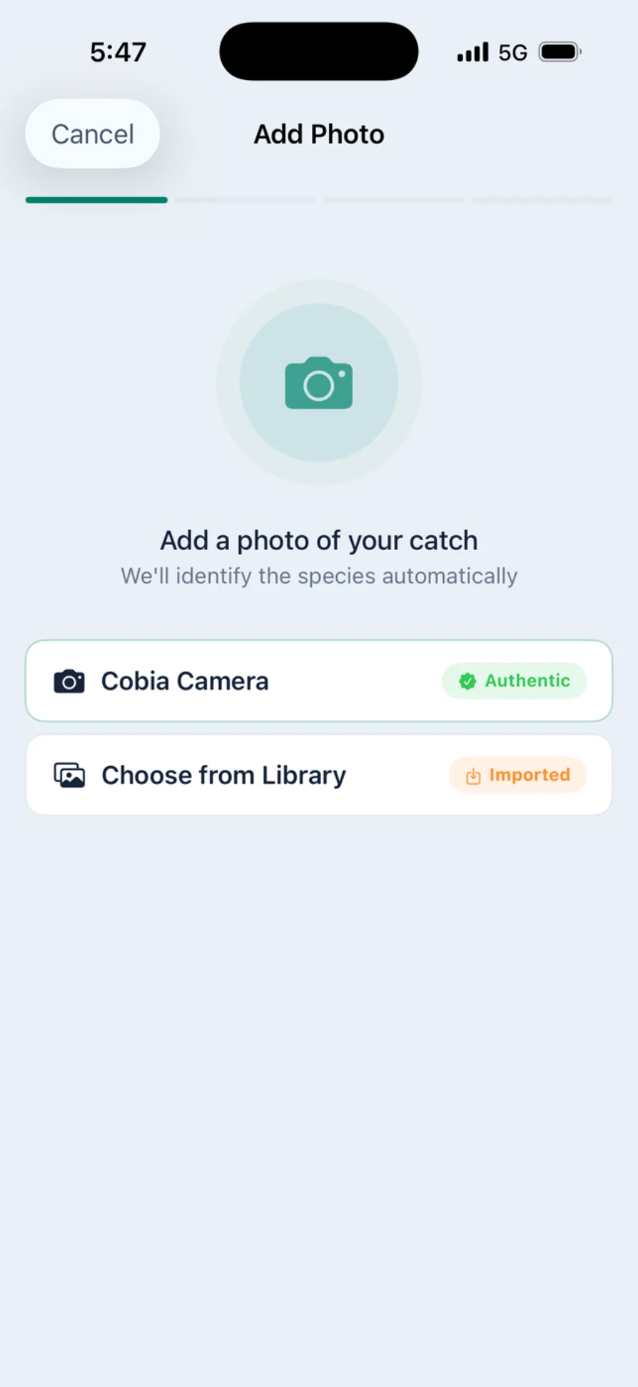 The catch logging screen offering Cobia Camera marked Authentic or Choose from Library marked Imported