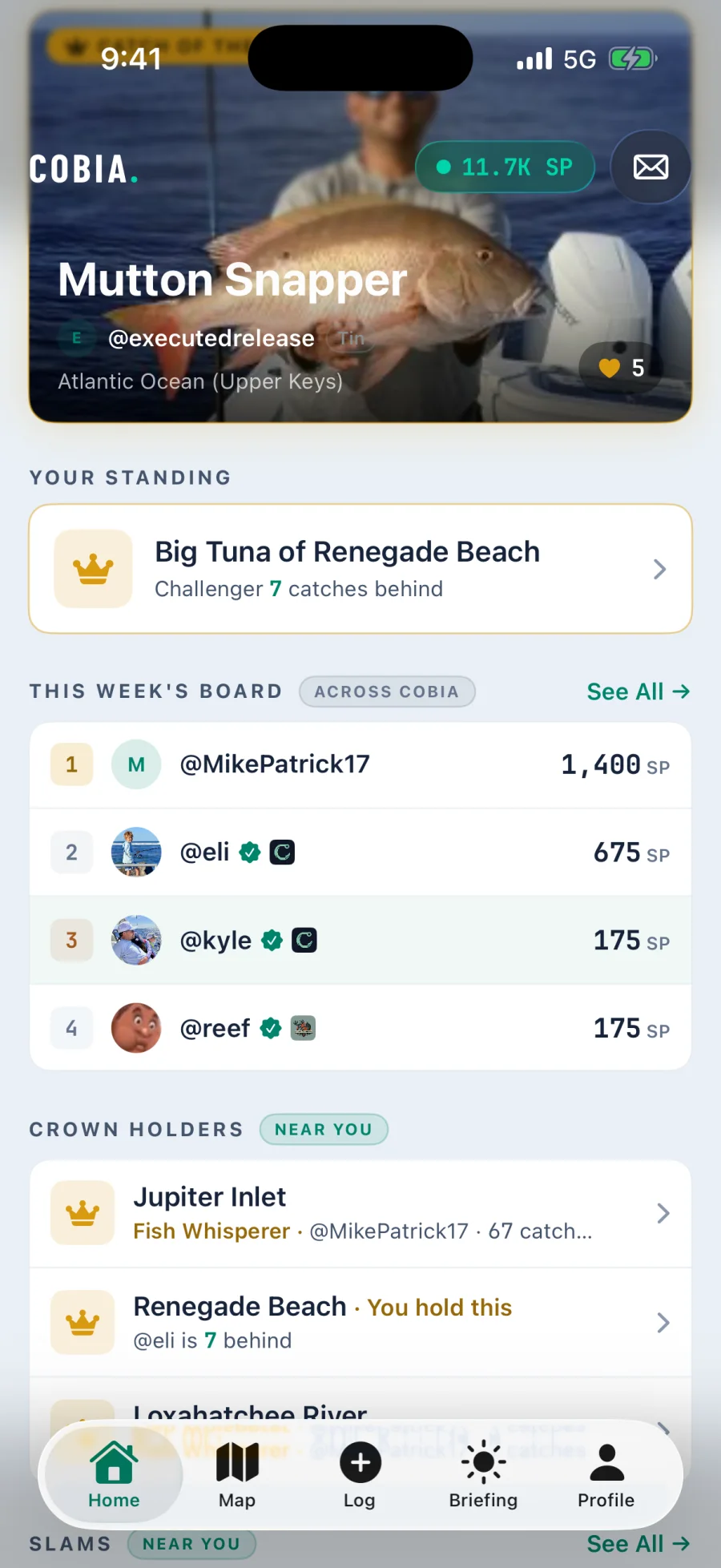 Cobia home showing the crown standing Big Tuna of Renegade Beach, this week board, and crown holders near you