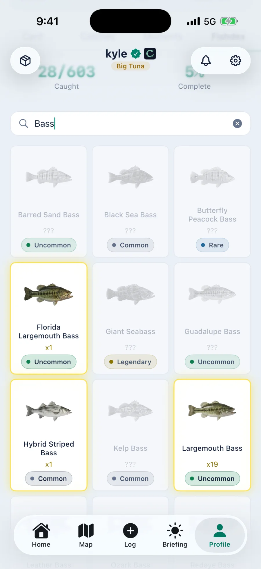 A Fishdex search for bass showing Florida Largemouth Bass, Hybrid Striped Bass and Largemouth Bass in full colour behind gold borders with catch counts, beside gray silhouettes of Barred Sand Bass, Black Sea Bass, Butterfly Peacock Bass, Giant Seabass, Guadalupe Bass and Kelp Bass marked with question marks and rarity tiers