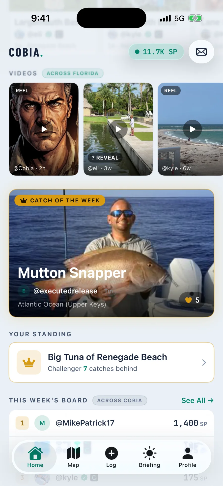 The Cobia home screen showing a row of videos from across Florida, each tagged Reel or, for a Bite, a question mark and the word Reveal