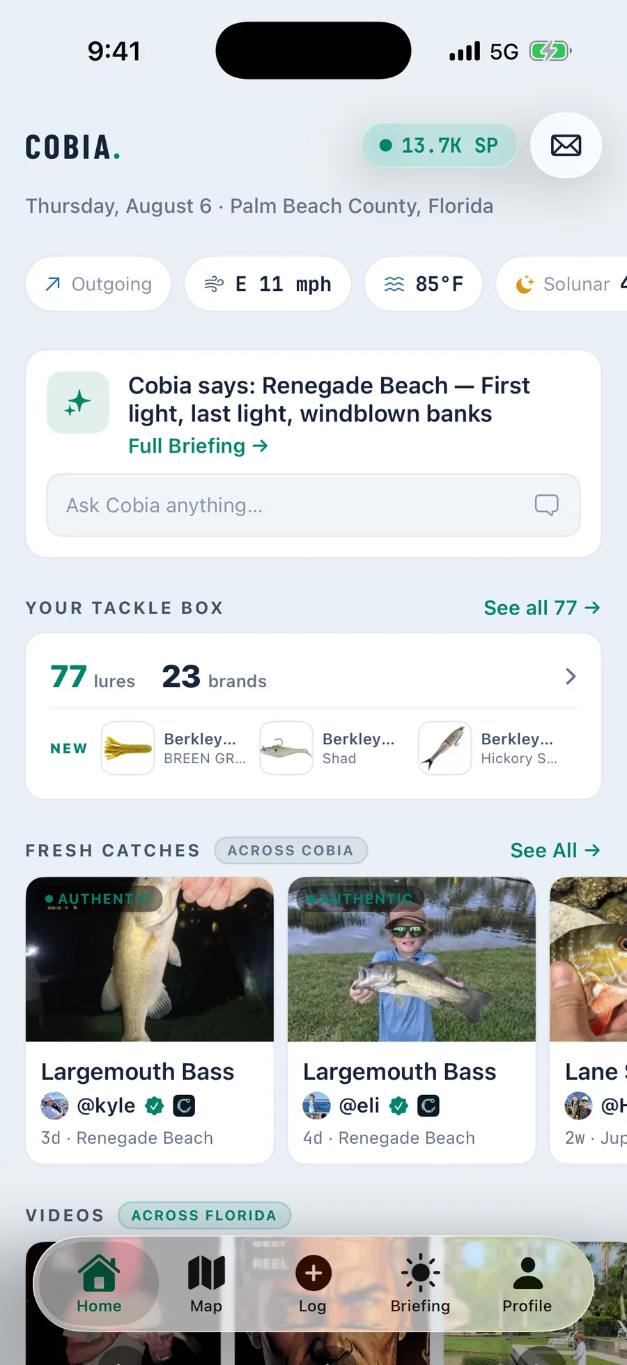 Cobia home screen with conditions, tackle box, and fresh catches from nearby anglers
