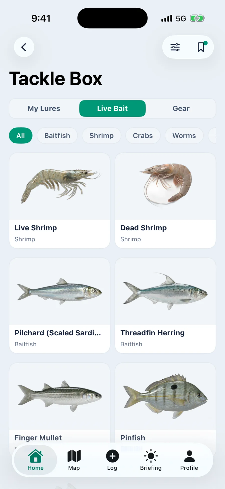 The Live Bait tab of the tackle box filtered across baitfish, shrimp, crabs and worms, showing live shrimp, dead shrimp, pilchard, threadfin herring, finger mullet and pinfish