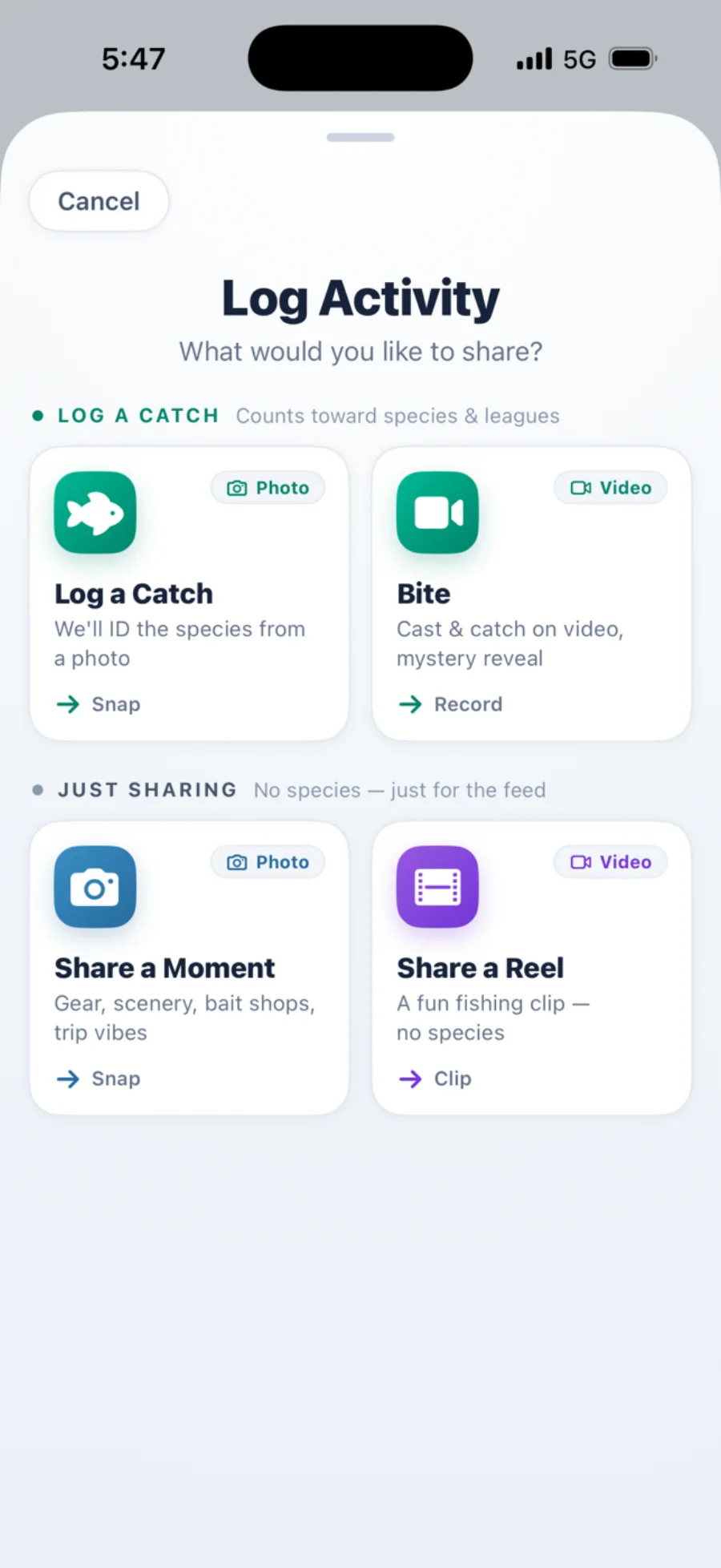 The Log Activity sheet with options for logging a catch, recording a Bite, sharing a moment, or sharing a reel