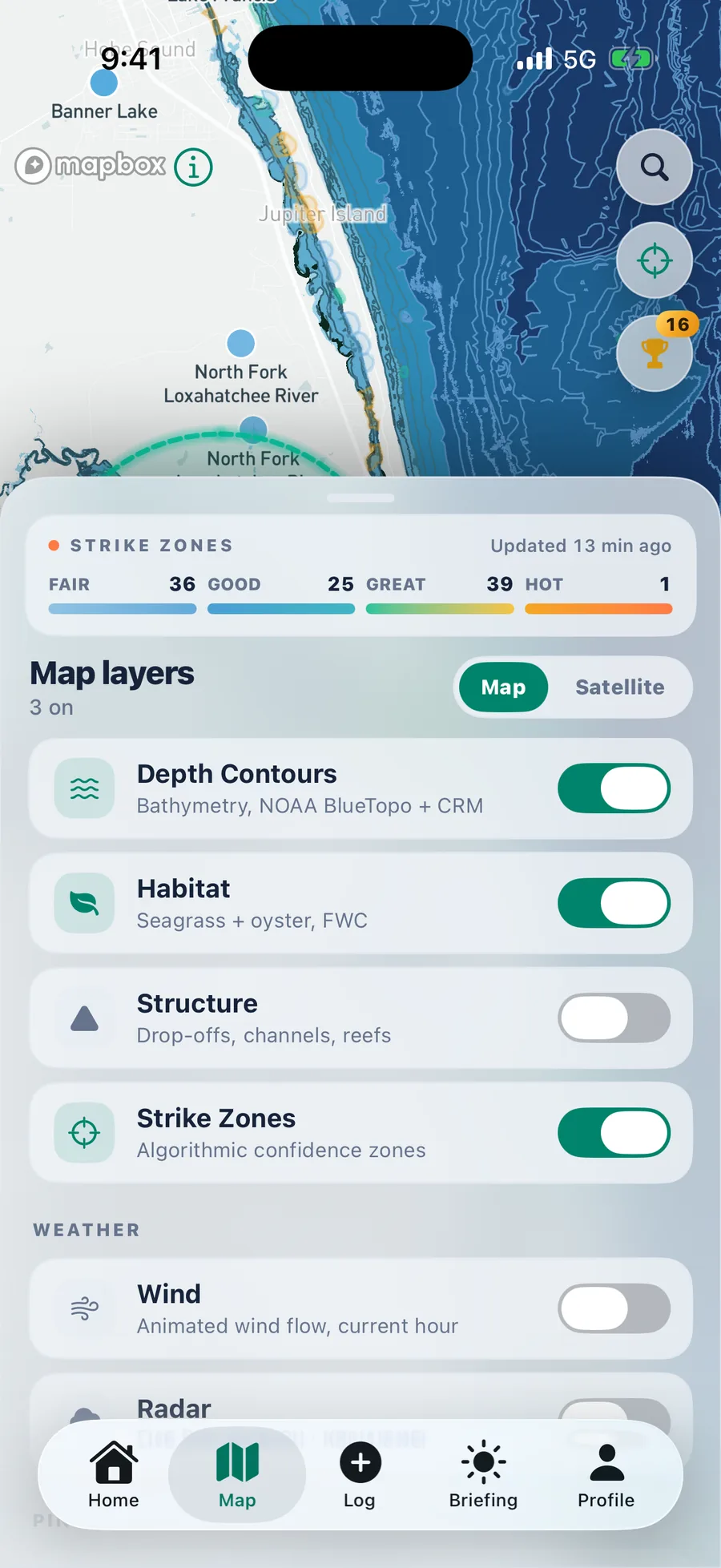 Map layer sheet with depth contours, habitat and Strike Zones all switched on over a bathymetry banded map, and a Strike Zones summary counting the fair, good, great and hot bands nearby