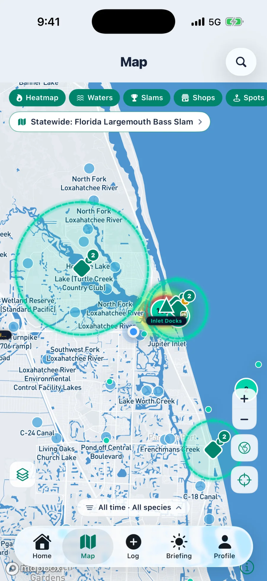 Cobia map showing catch heatmap, water bodies, active slams, and tackle shops