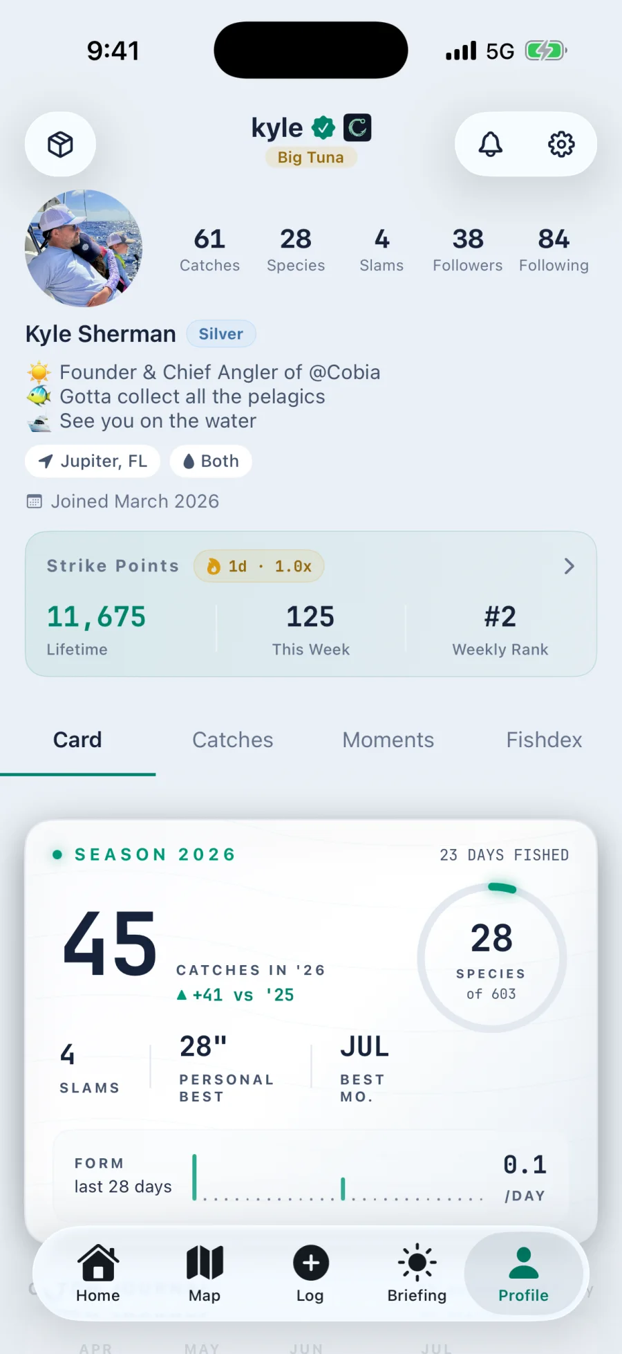 An angler profile card showing 61 catches, 28 species, 4 slams, the Big Tuna title, and 11,675 lifetime Strike Points