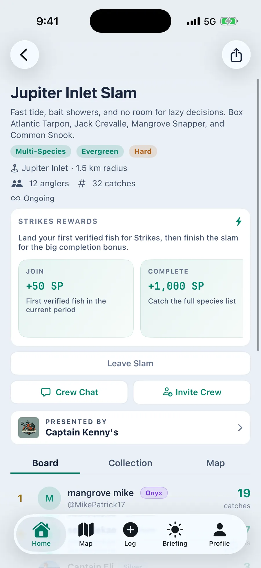 The Florida Largemouth Bass Slam page in Cobia showing the statewide scope, the target species, the Strike Points on offer, crew chat and invite buttons, and the board