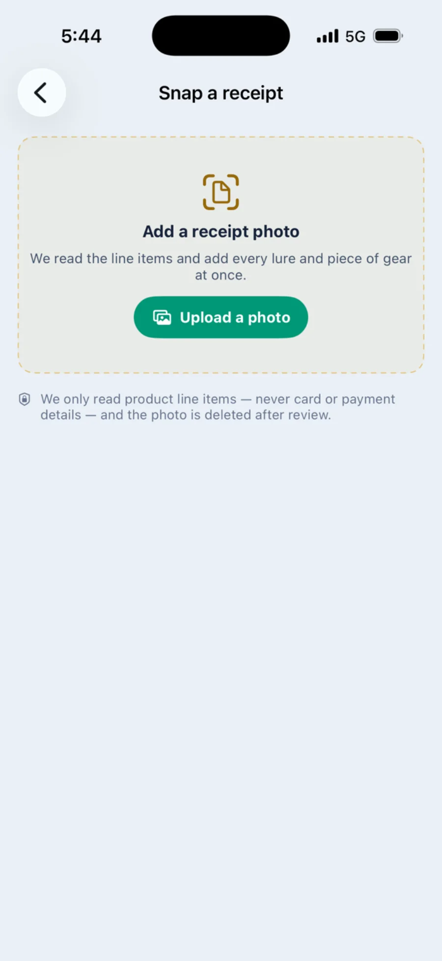 The receipt scanning screen explaining that Cobia reads product line items and deletes the photo after review