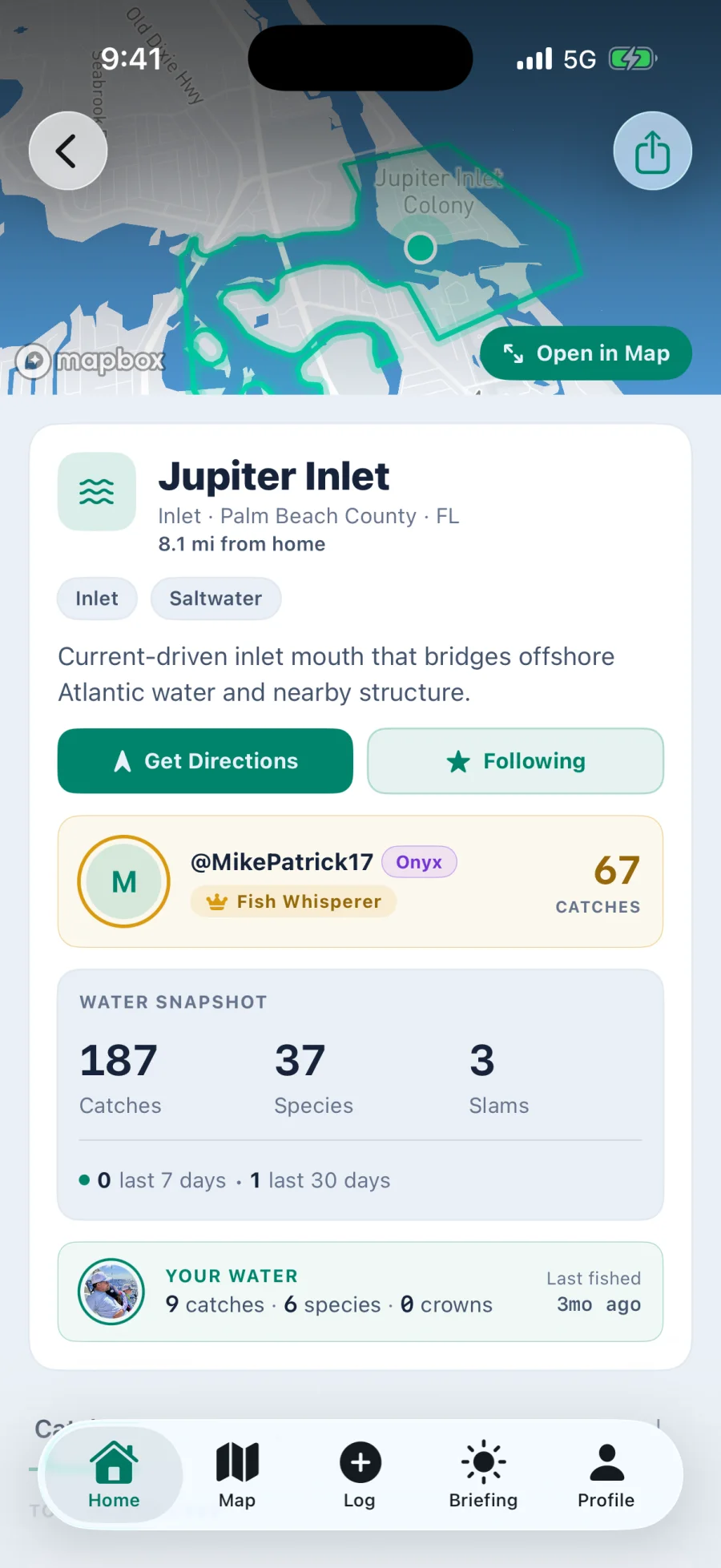 The Jupiter Inlet water body page showing the crown held by an angler titled Fish Whisperer with 67 catches, above a snapshot of 187 catches, 37 species and 3 slams
